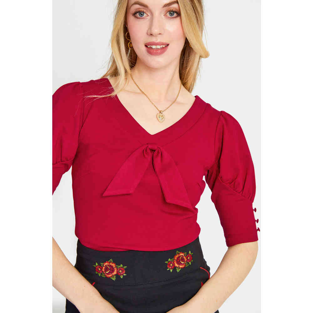 Voodoo Vixen - Tie Front Button Sleeve Top - Rood